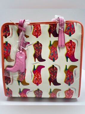 CATCHFLY Studio Western Boot Print Tote Bag Pink Orange Cowgirl NWT Large